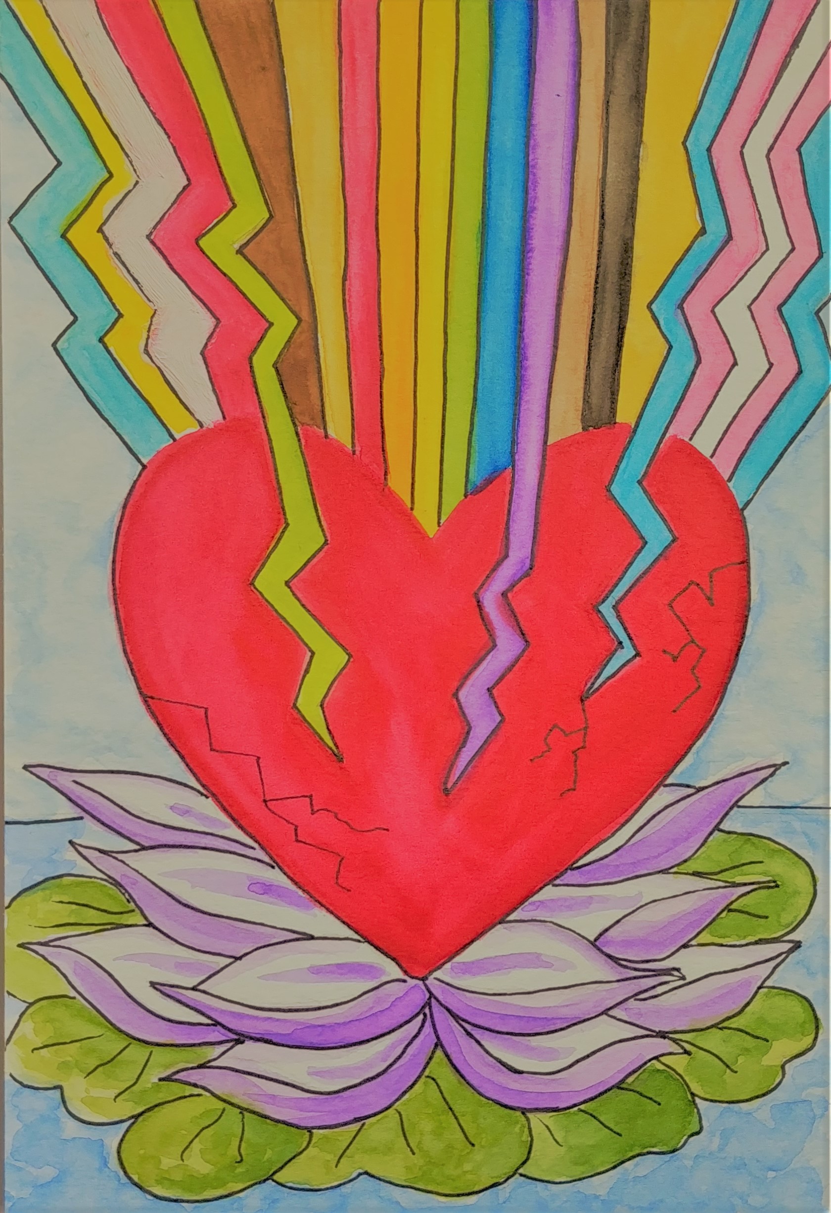 Watercolour painting of heart with cracks sitting atop a lotus flower. From the cracks of the heart are rainbow-coloured rays representing the disability pride flag, the pride flag, and the trans flag joined together and united by rays of blacks and browns
(Artist's Instagram @tumma.lumma Watercolour painting of heart with cracks sitting atop a lotus flower. From the cracks of the heart are rainbow-coloured rays representing the disability pride flag, the pride flag, and the trans flag joined together and united by rays of blacks and browns
(Artist's Instagram @tumma.lumma